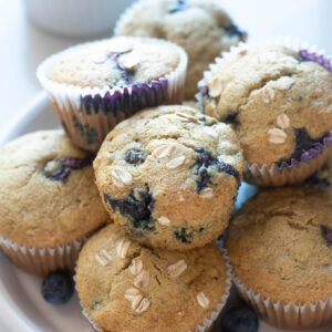 Plate of blueberry oatmeal muffins