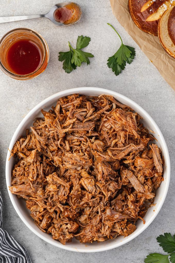 Instant Pot pulled pork with bbq sauce in a bowl