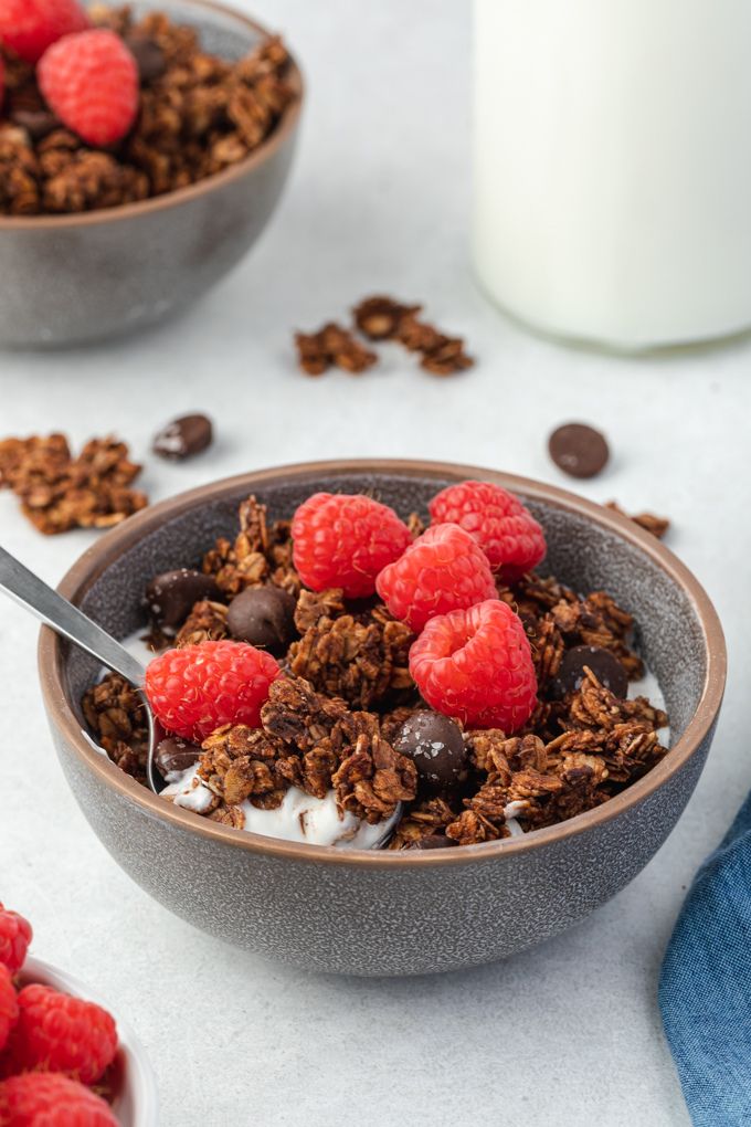 Chocolate granola in a bowl with raspberries
