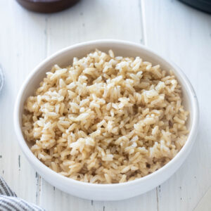Instant pot brown rice in a white bowl