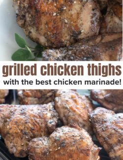Grilled chicken thighs with the best chicken marinade long collage pin
