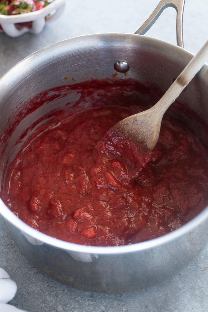 Small batch Strawberry rhubarb jam in a sauce pan