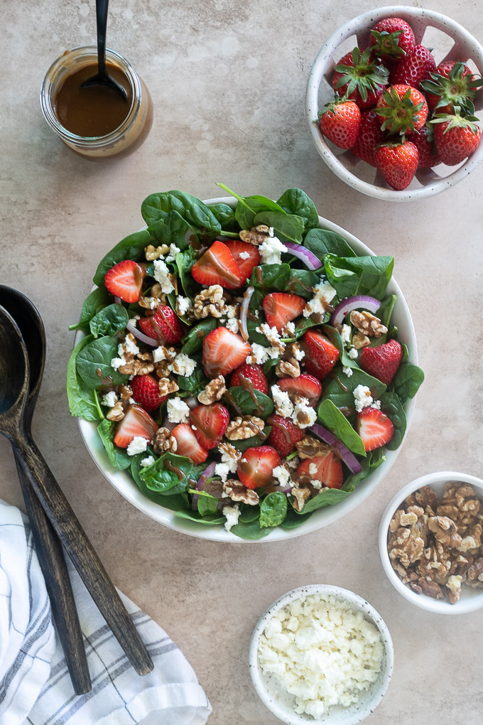 Strawberry spinach salad before tossing with dressing