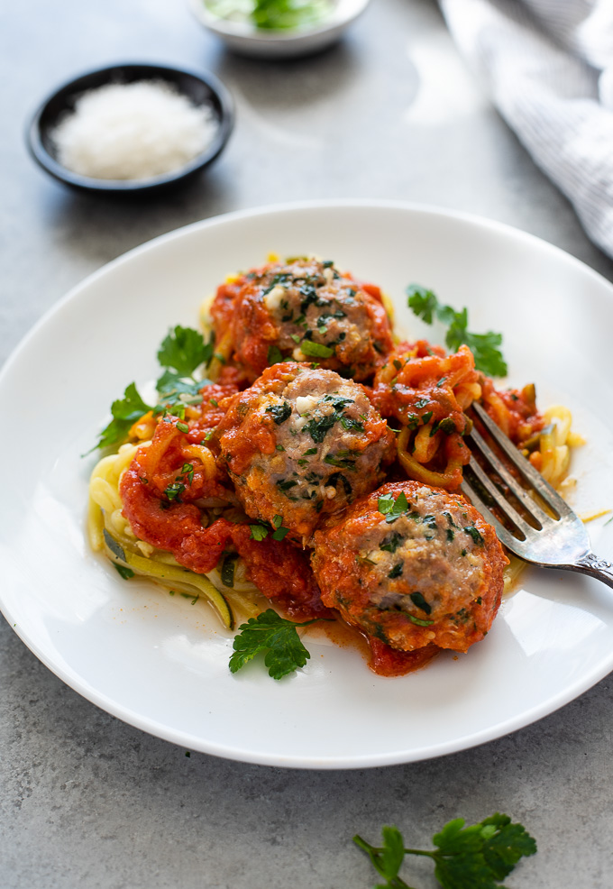 Oven baked turkey meatballs over zucchini noodles