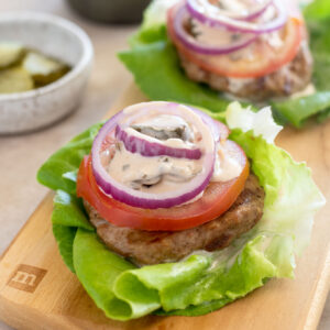 Healthy grilled turkey burgers in lettuce wrapped
