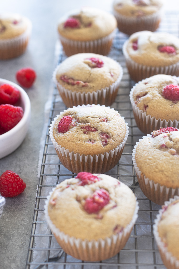 Raspberry muffins on a wire rack