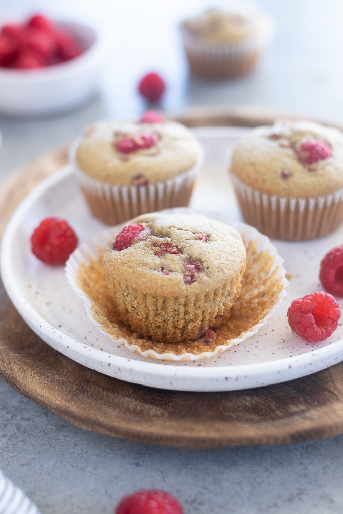 Raspberry muffins with paper liner removed