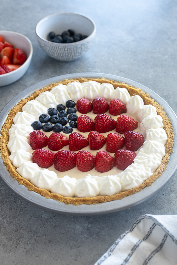 Berry no bake cheesecake decorated like the american flag