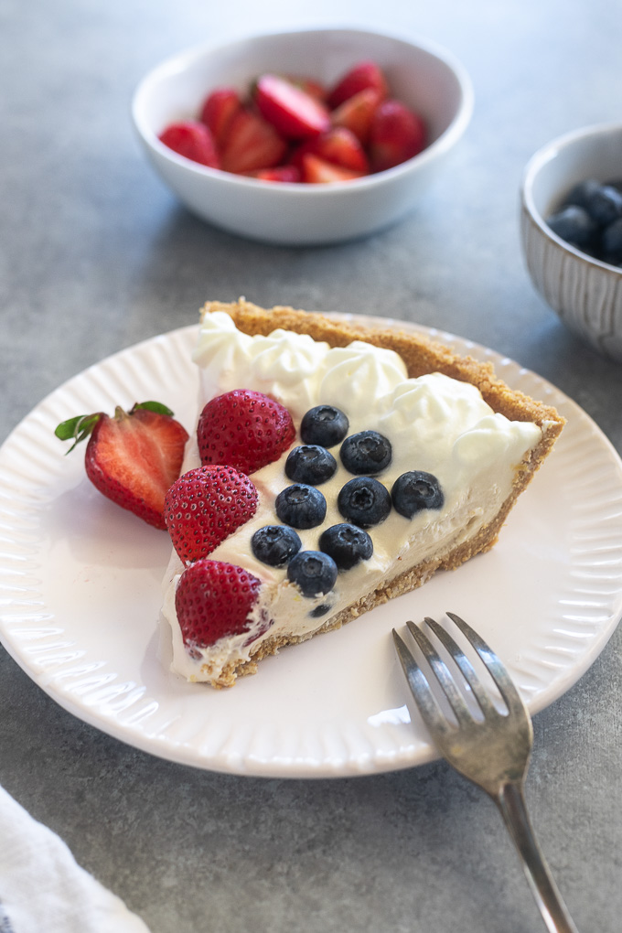 Slice of easy no bake cheesecake on a plate