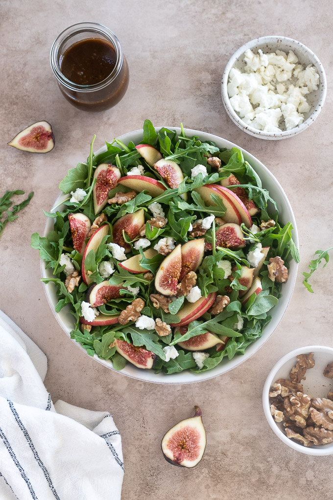 Fig salad in a white serving bowl