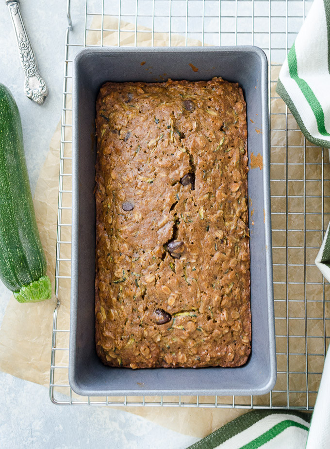 Zucchini bread with chocolate chips in a loaf pan