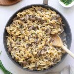one pot ground beef stroganoff in skillet