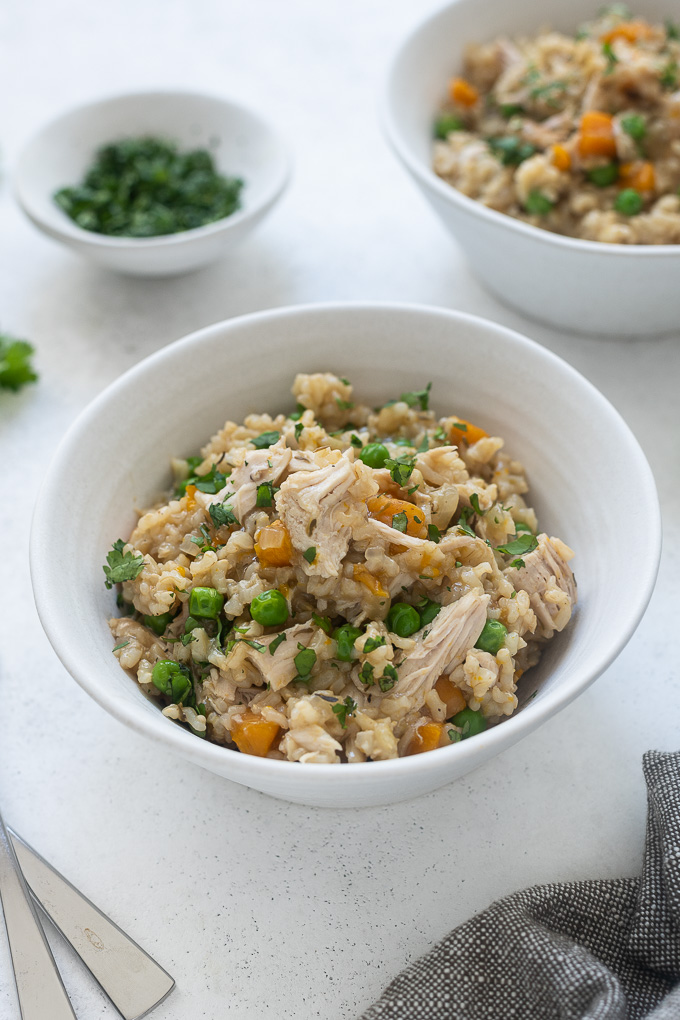 Instant Pot chicken and rice in a bowl