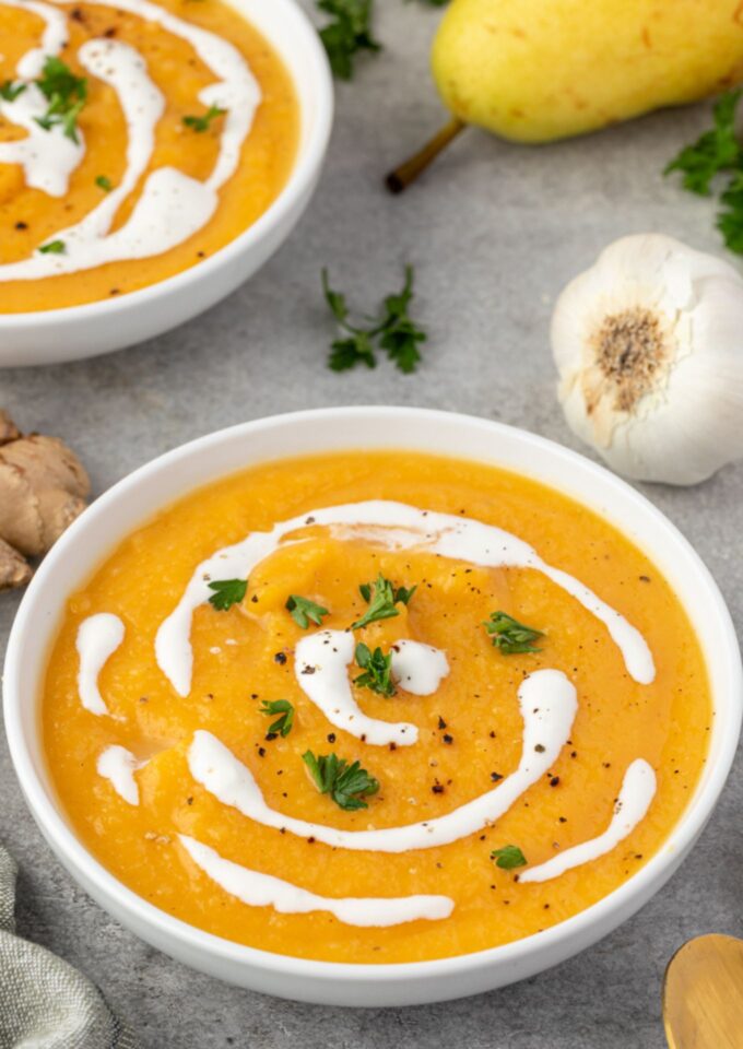 Roasted butternut squash and pear soup in a bowl