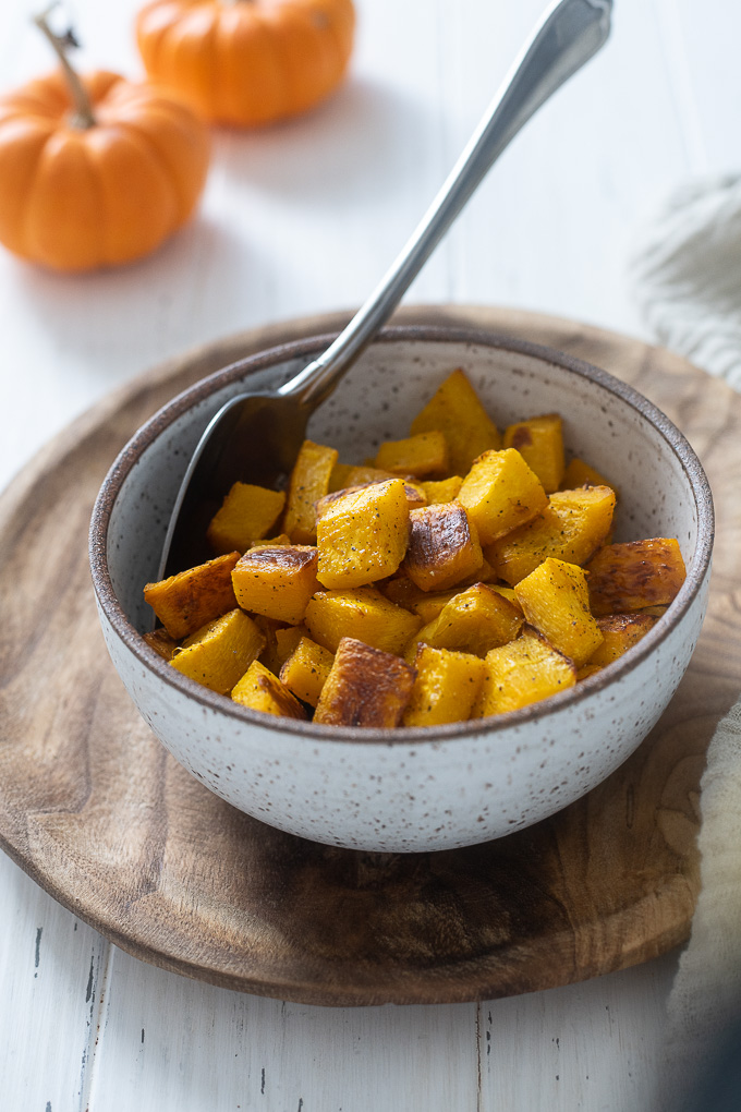 Roasted pumpkin cubes in a bowl