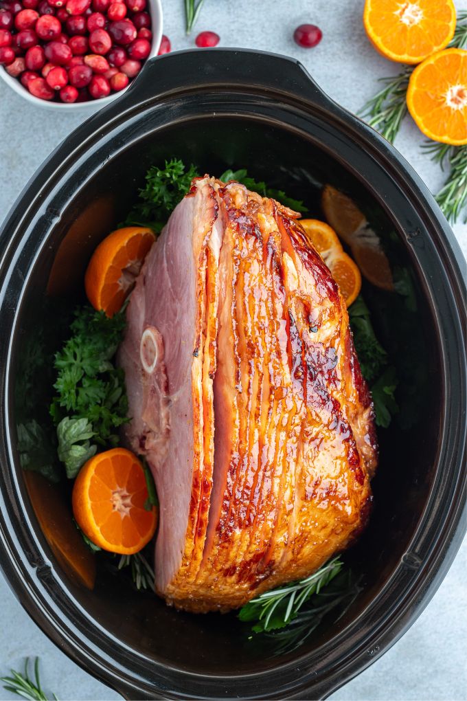 Maple Glazed Ham in slow cooker with orange and rosemary