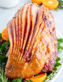 Slow cooker ham with maple glaze on a serving platter