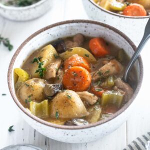 Chicken stew in a bowl with spoon digging in