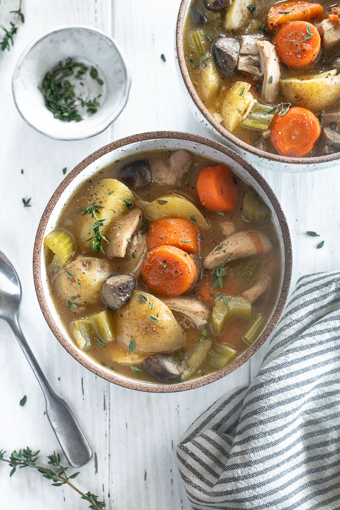 Easy chicken stew in a bowl with thyme