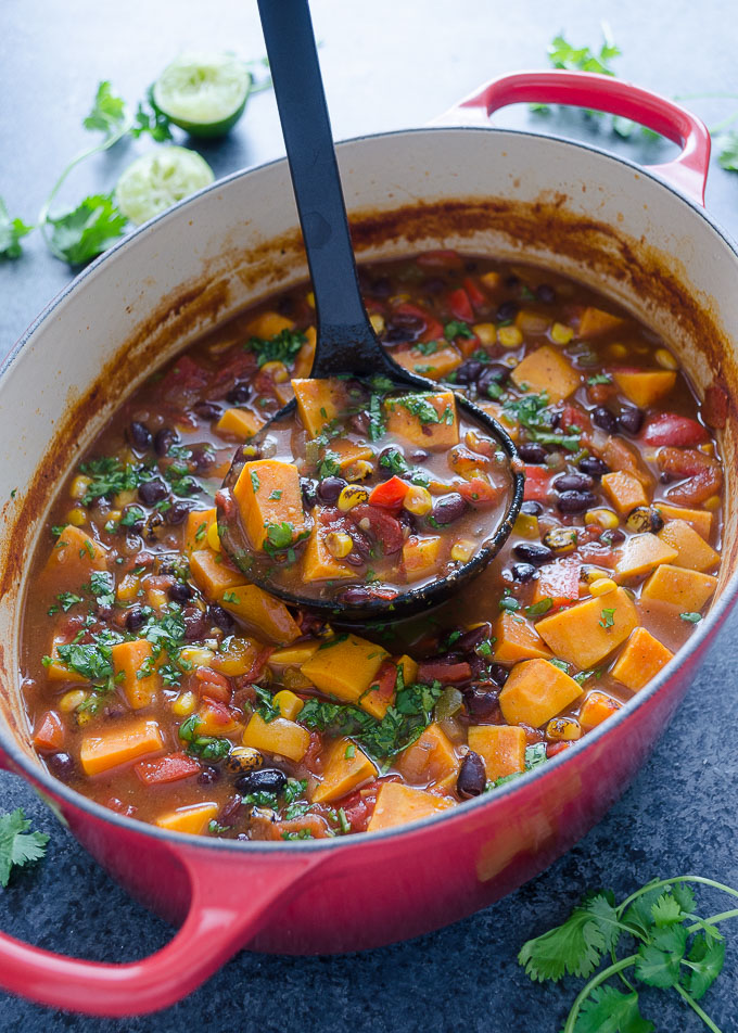Sweet potato and black bean soup in a Dutch oven
