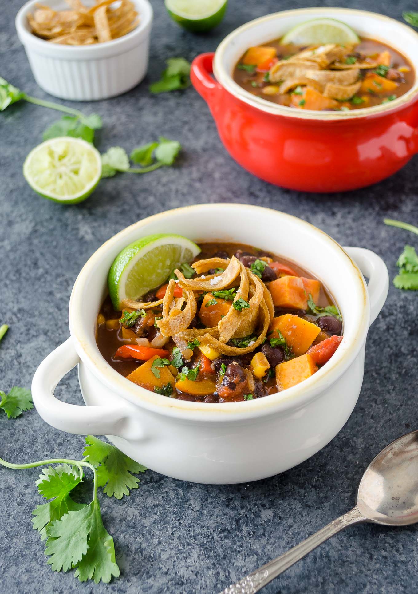 Vegetarian Tortilla Soup in a bowl topped with tortilla chips