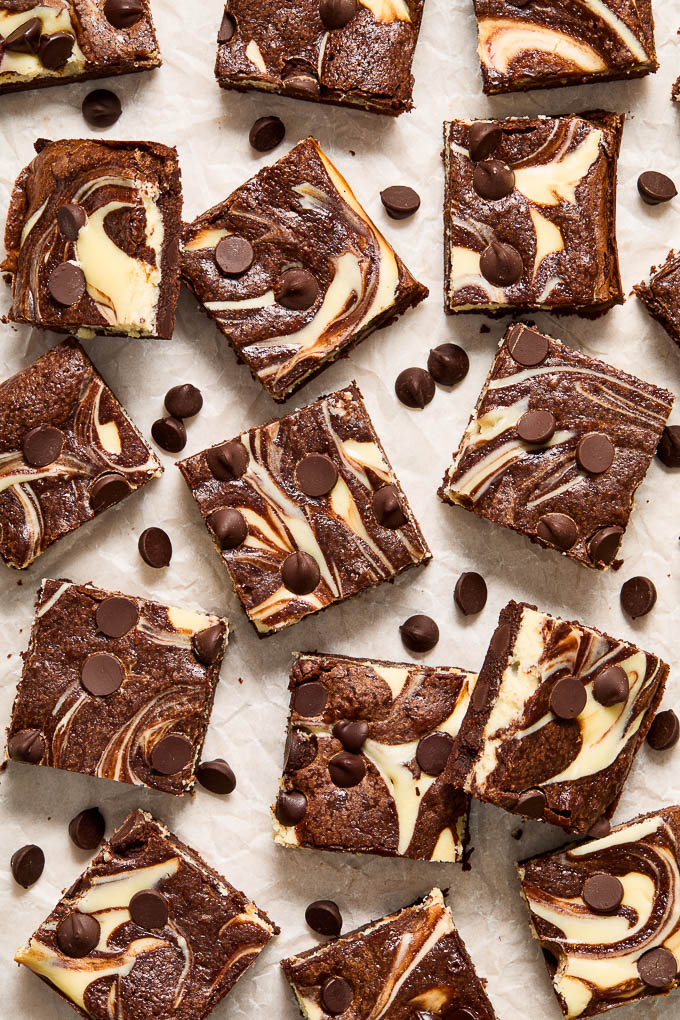 Cheesecake swirl brownies with chocolate chips scattered between them