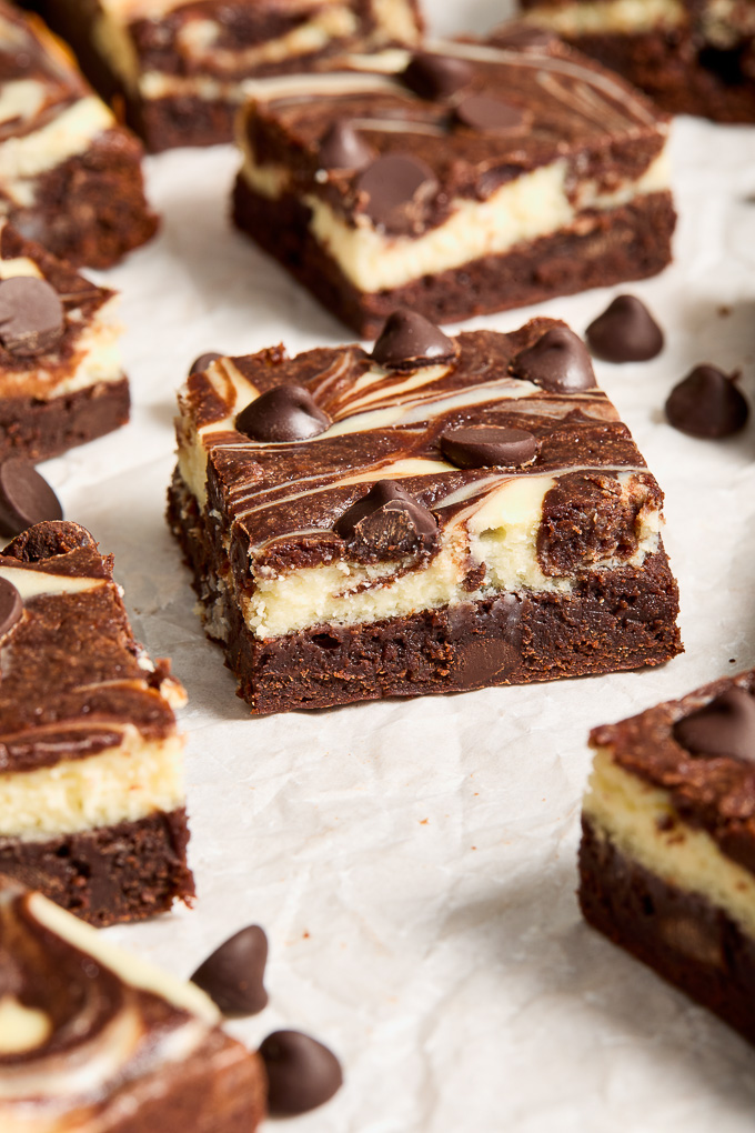 Easy cheesecake brownies with dark chocolate chips