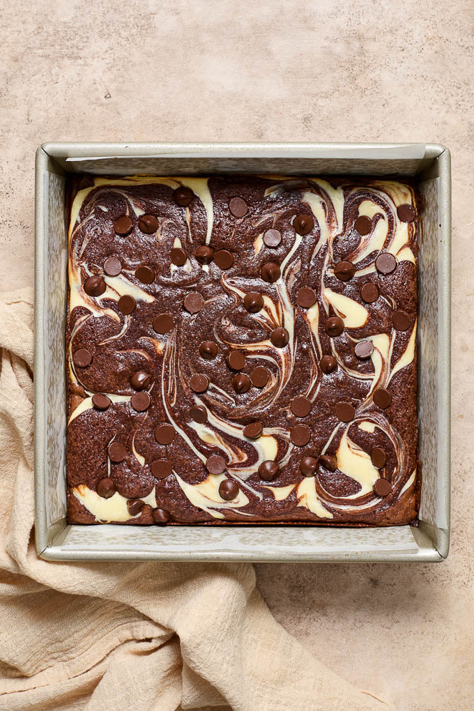 Cheesecake brownies in the pan