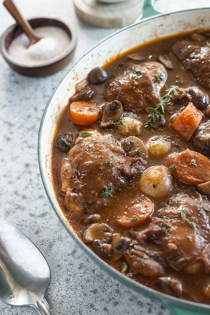 Coq au vin with chicken thighs, mushrooms and pearl onions