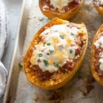 Spaghetti squash lasagna on a sheet pan.