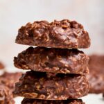 Stack of no bake chocolate peanut butter oatmeal cookies.
