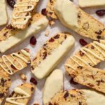 Cranberry orange biscotti dipped in white chocolate.