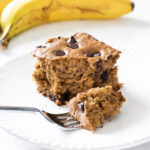 Slice of banana snack cake on a plate.