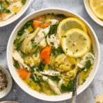 Slow cooker lemon chicken artichoke soup in a bowl.