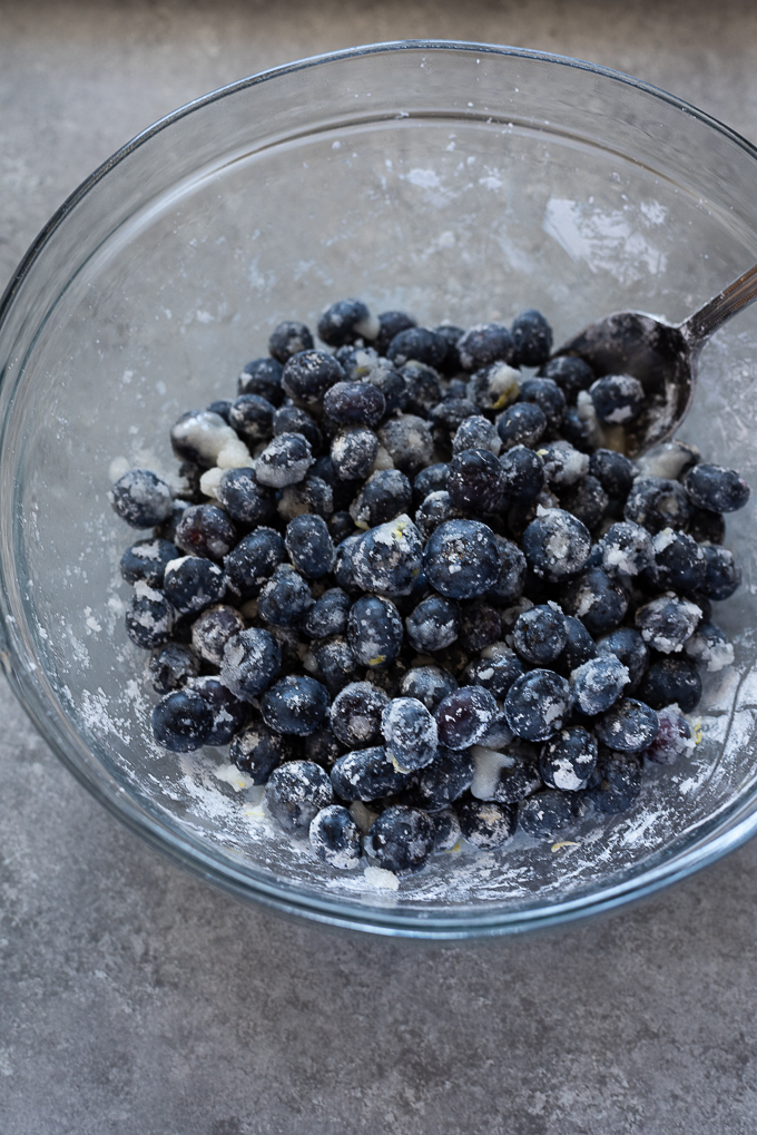 Blueberry filling for blueberry galette in mixing bow.