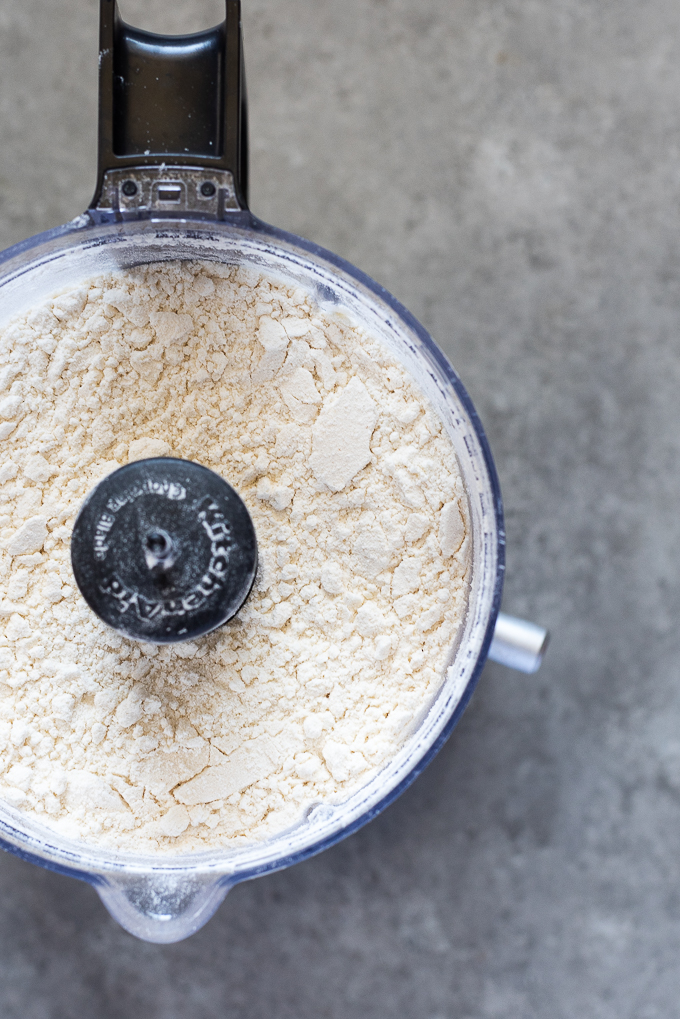 Flour, sugar and salt combined in food processor for galette dough.