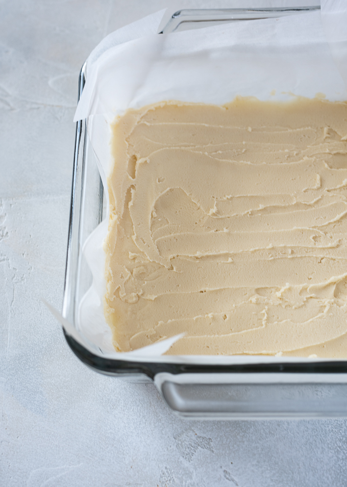 Unbaked shortbread crust for key lime bars.