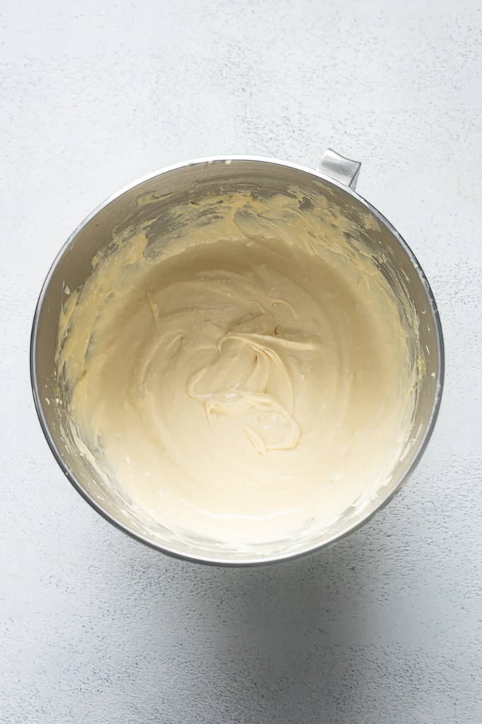 Beaten cheesecake filling for key lime cheesecake bars.