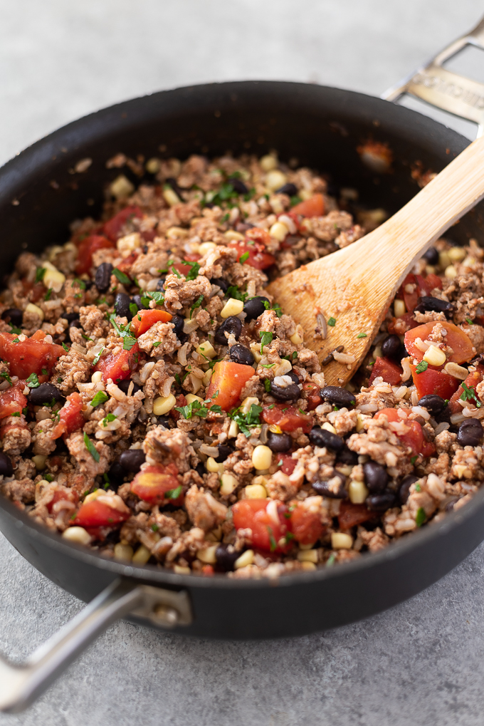 Ground turkey and rice filling for stuffed poblanos in skillet.