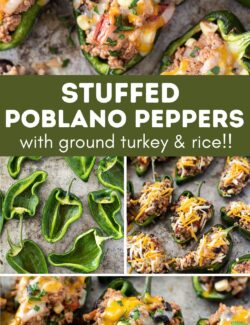 Stuffed poblano peppers with ground turkey and rice collage pin.