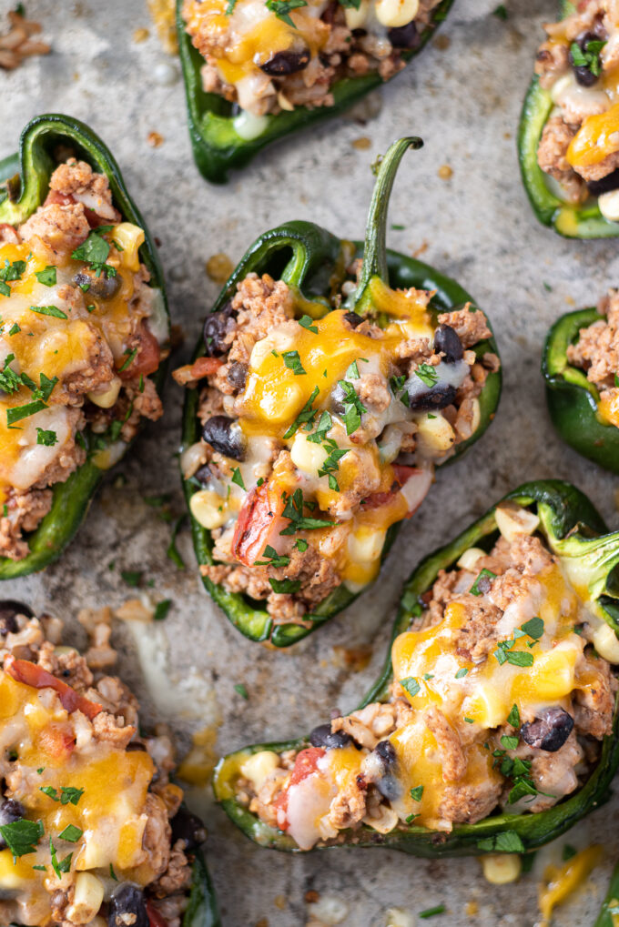 Stuffed poblano peppers with rice and ground turkey.