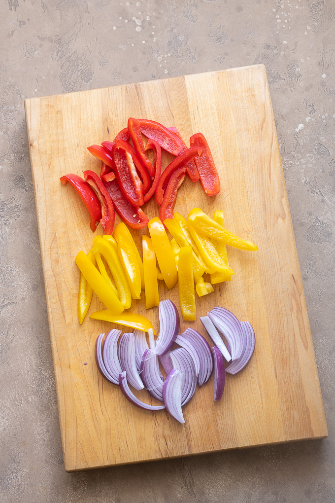 Chop the bell pepper and red onion into 1/2" thick slices.