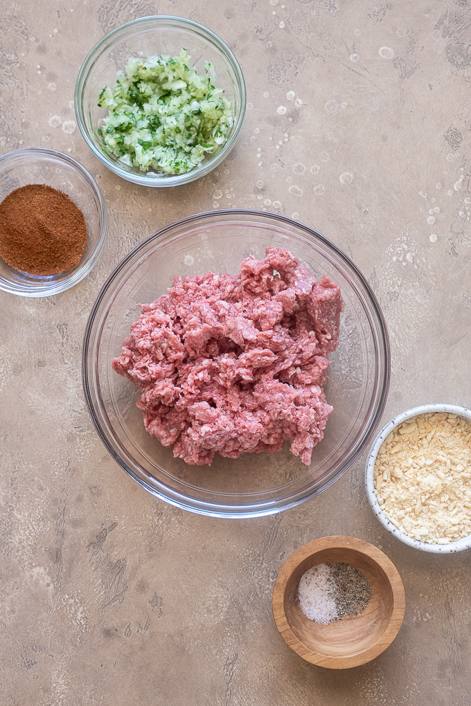 Prepped ingredients for lamb kofta kebabs.