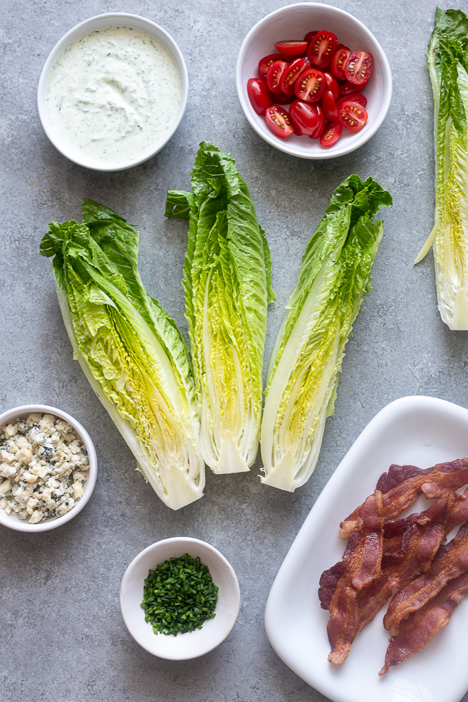Romaine wedge salad ingredients prepped.