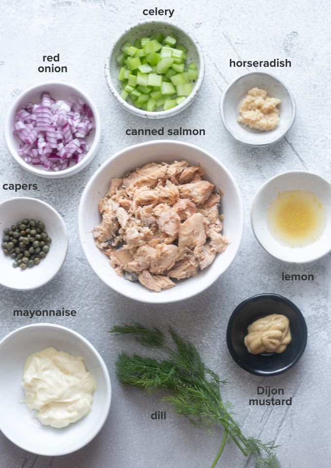 Salmon salad recipe ingredients.