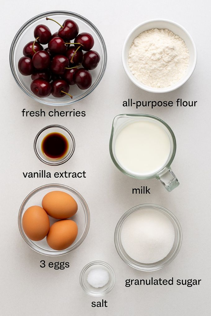 Cherry clafoutis recipe ingredients labelled.