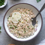 Dill pickle tuna salad in a serving bowl.
