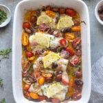Mediterranean baked cod in baking dish.