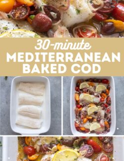 Mediterranean baked cod recipe collage pin.