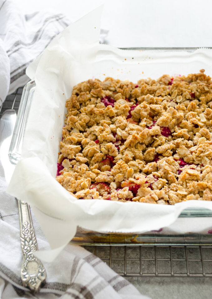 Raspberry rhubarb bars in baking dish.